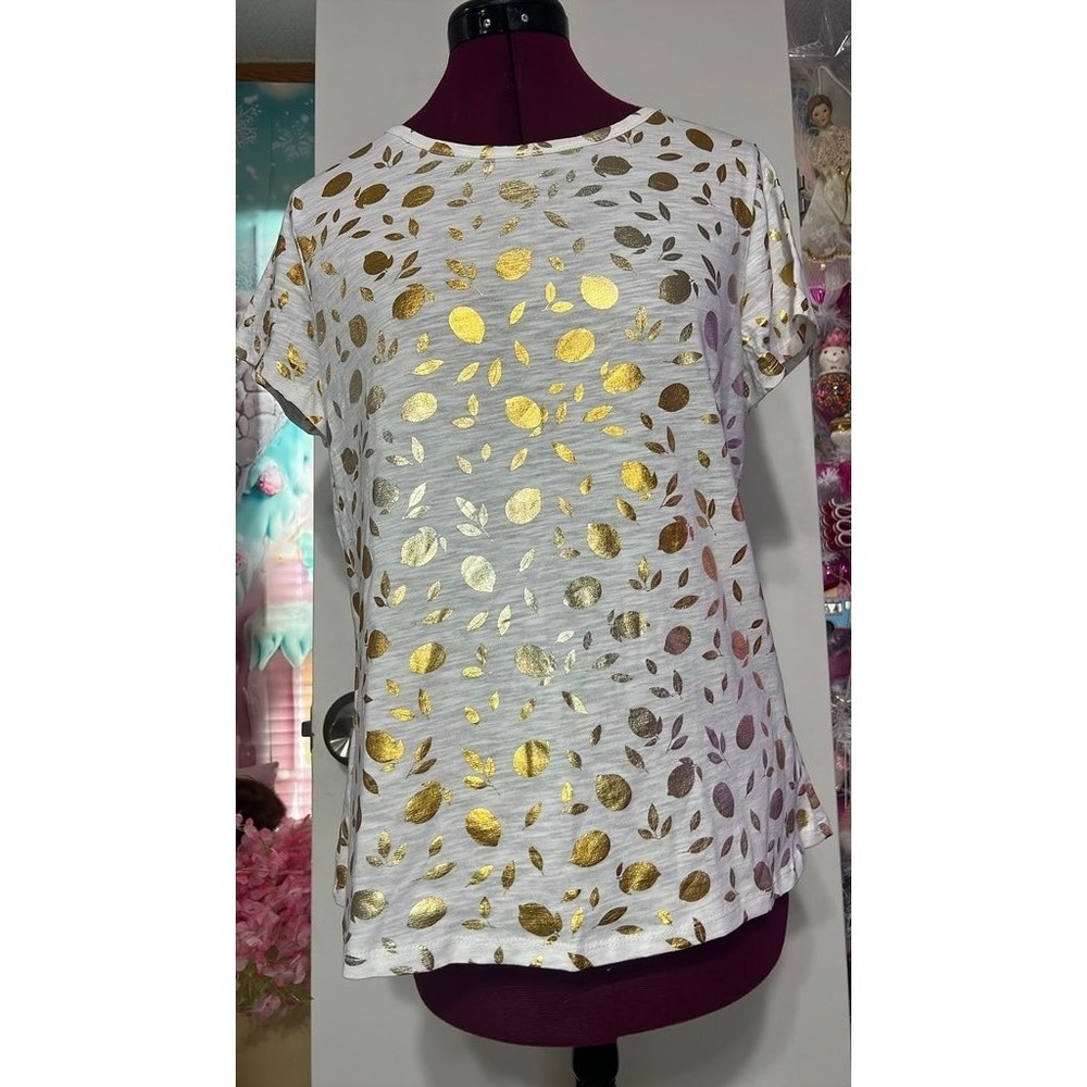 BYdesign T-Shirt Womens Medium White Gold Good Metallic Lemon Foil Slub Cotton